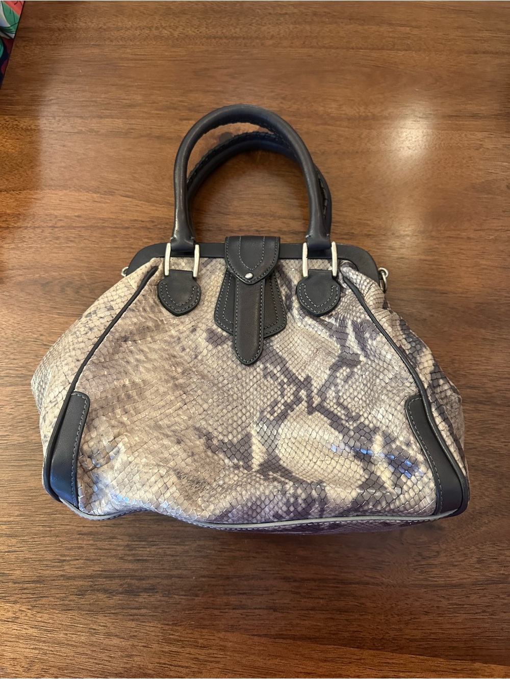 Cole Haan Python-Effect Satchel Handbag in Taupe and Black